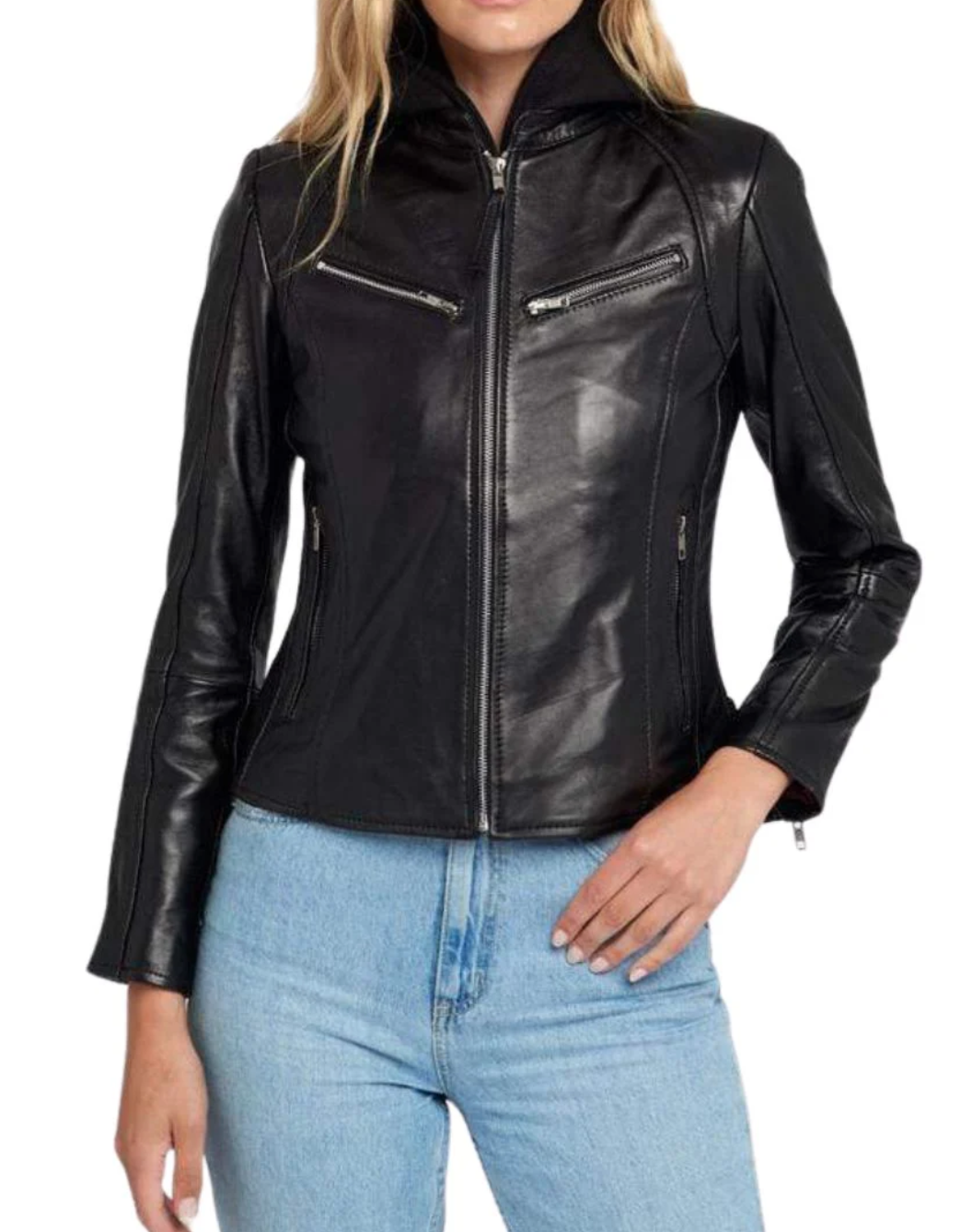 Women's Black Leather Hooded Biker Jacket with Buckle Straps