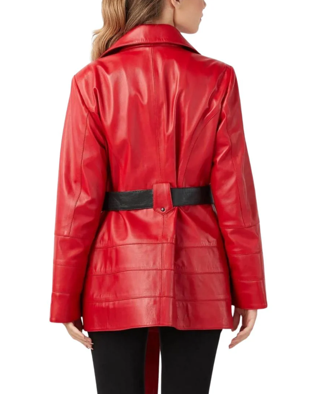 Women’s Red Leather Belted Trench Coat