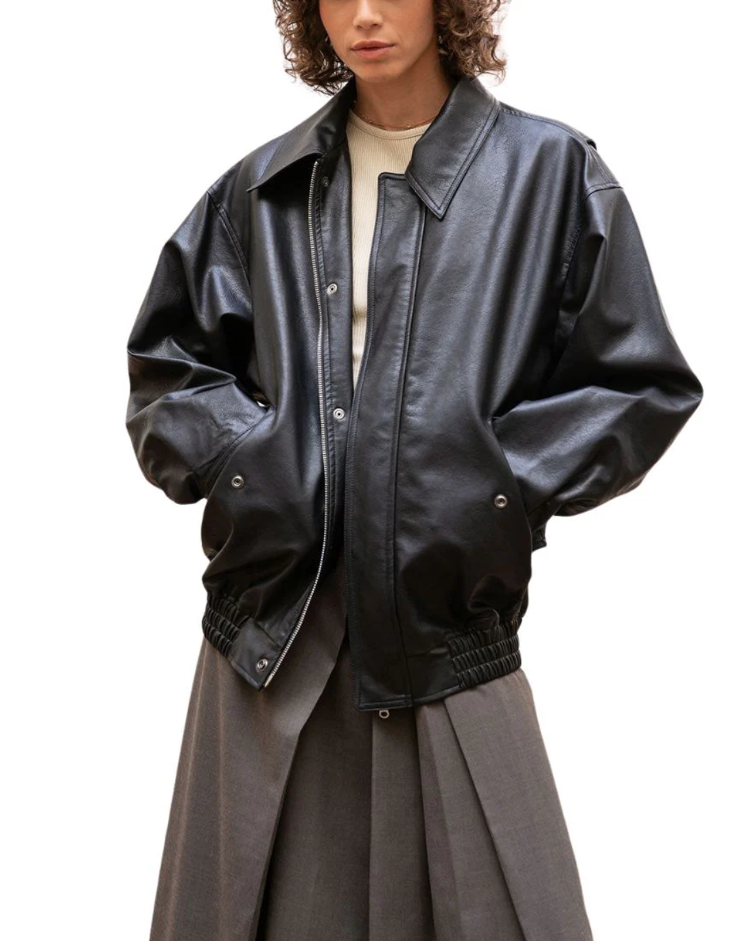 Women’s Oversized Black Leather Bomber Jacket