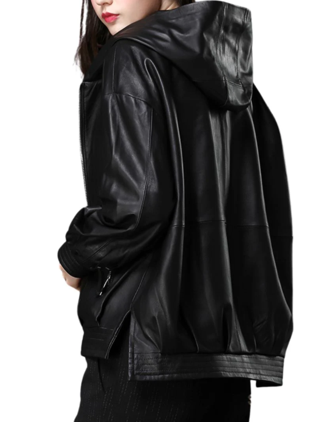 Women's Black Leather Hooded Zip Jacket | Wholesale Manufacturer India