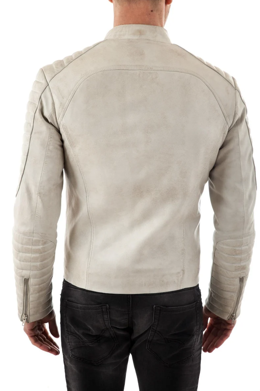 Men’s White Biker-Style Leather Jacket with Padded Sleeves