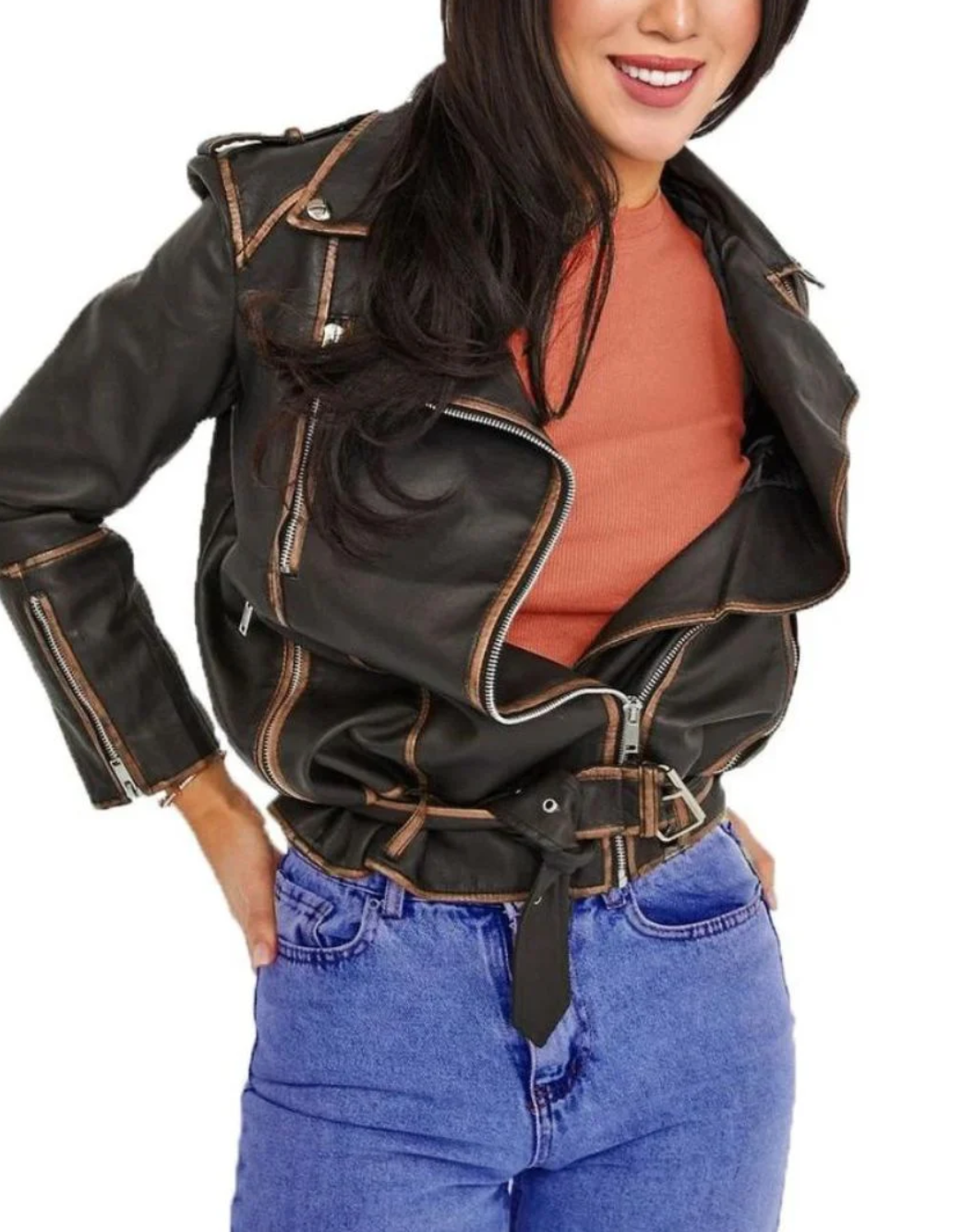 Women's Black Leather Biker Jacket | Tan Contrast Trim Wholesale