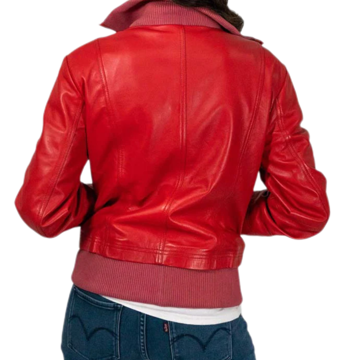 Women’s Red Leather Bomber Jacket with Ribbed Hem