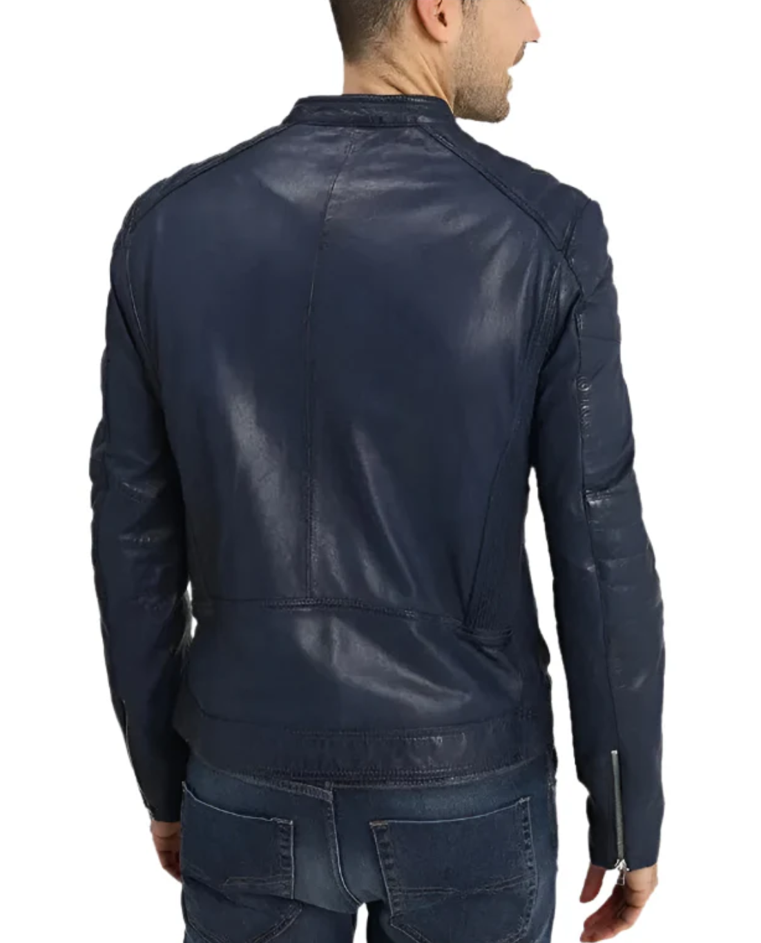 Men’s Navy Blue Leather Biker Jacket with Quilted Shoulders