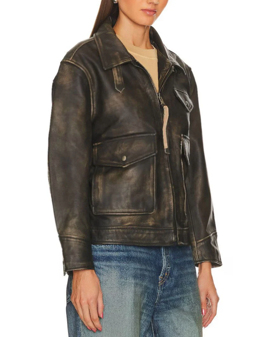 Women's Distressed Black Leather Jacket with Vintage Worn Finish & Chest Pockets