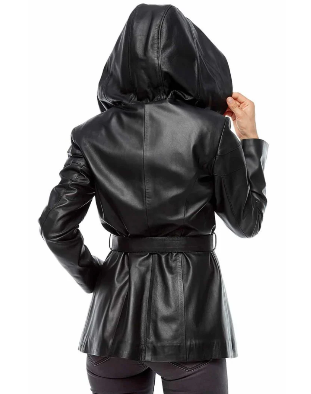 Women's Black Leather Trench Coat with Double-Breasted Buttons