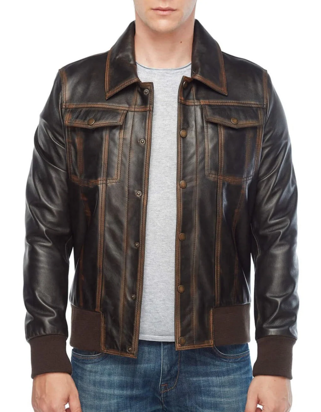 Men’s Distressed Brown Leather Trucker Jacket