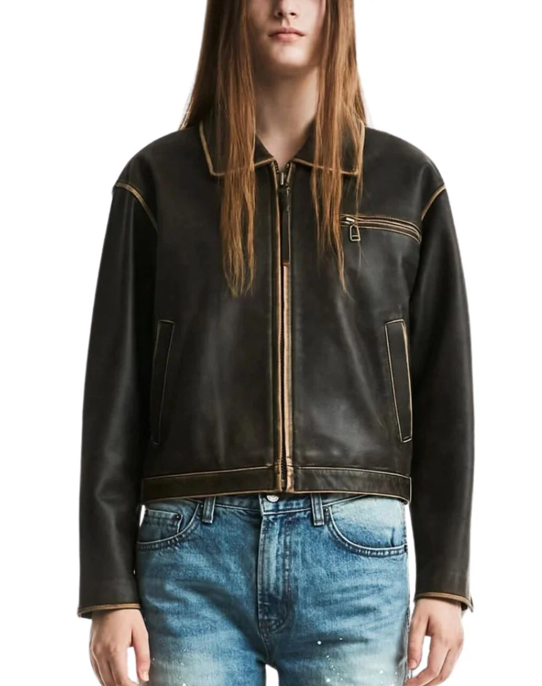 Unisex Distressed Black Leather Jacket with Contrast Edging