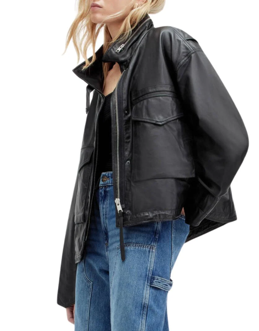 Women's Black Leather Utility Jacket | Oversized Cargo Pockets Wholesale