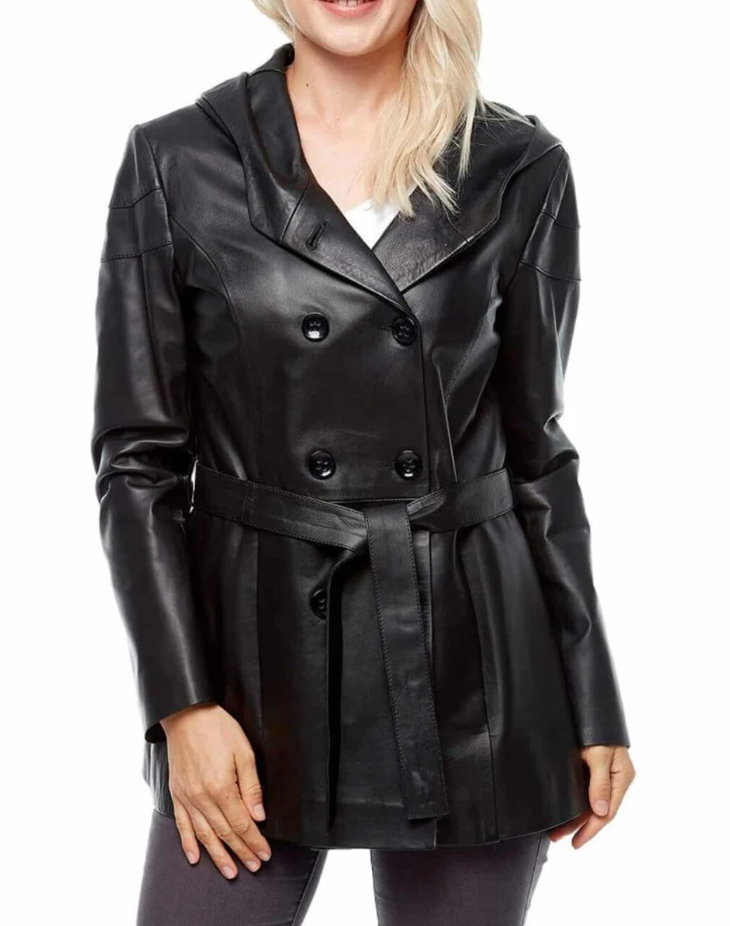 Women's Black Leather Trench Coat with Double-Breasted Buttons