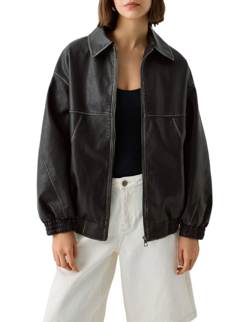 Women’s Oversized Black Leather Zip Jacket