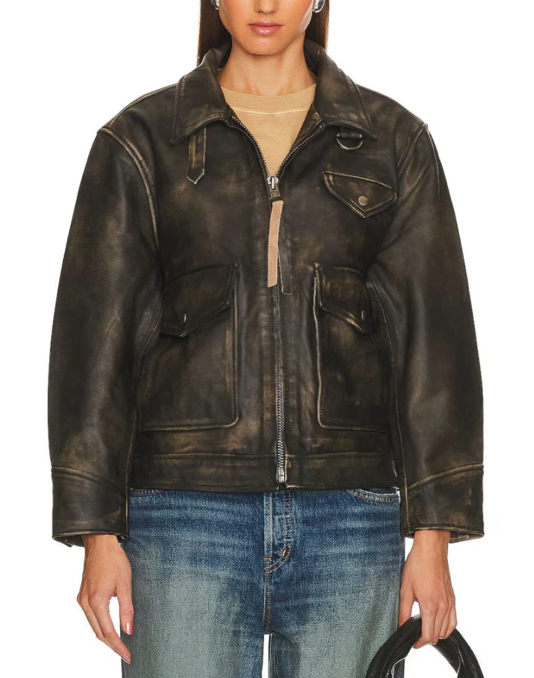 Women's Distressed Black Leather Jacket with Vintage Worn Finish & Chest Pockets