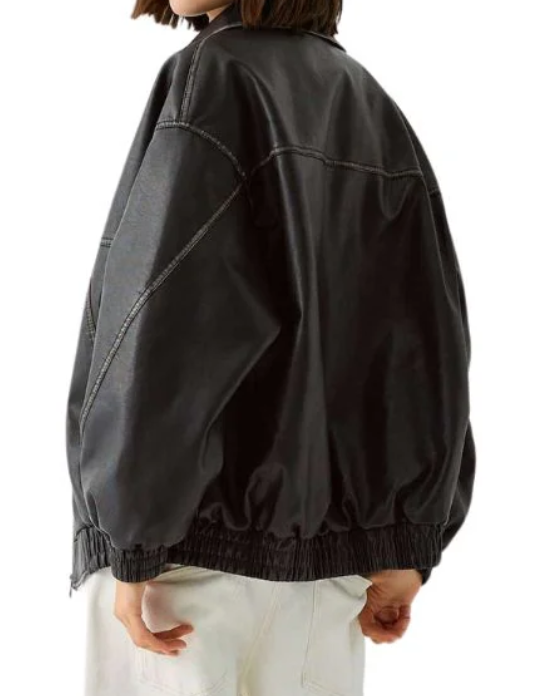Women’s Oversized Black Leather Zip Jacket