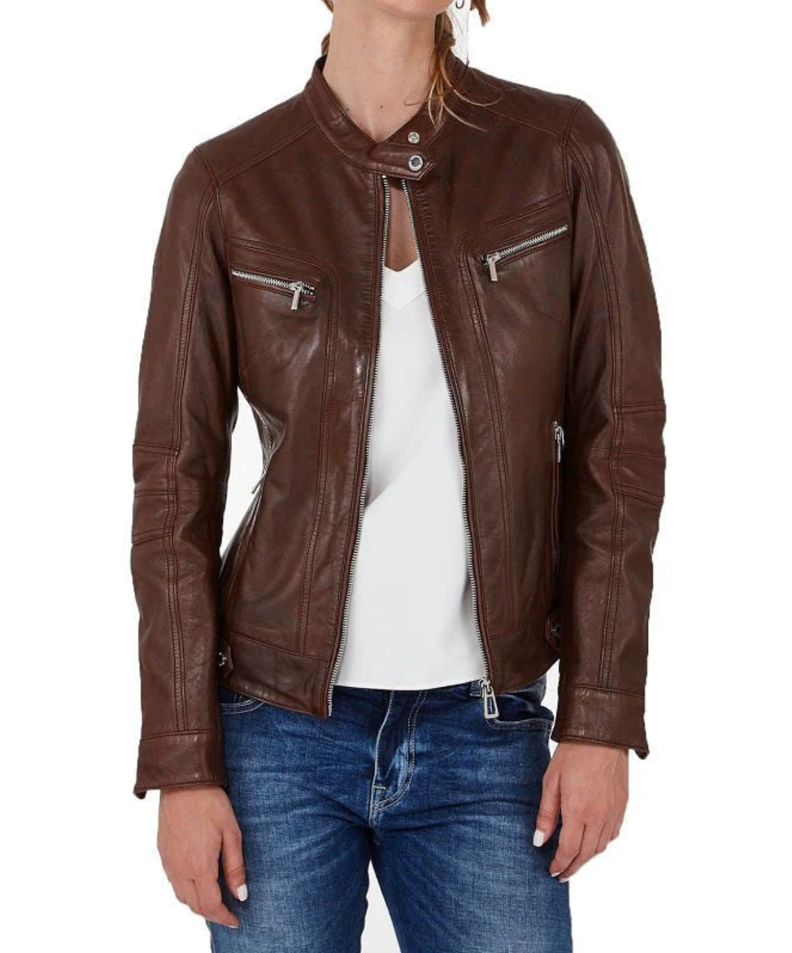 Women’s Brown Leather Café Racer Jacket