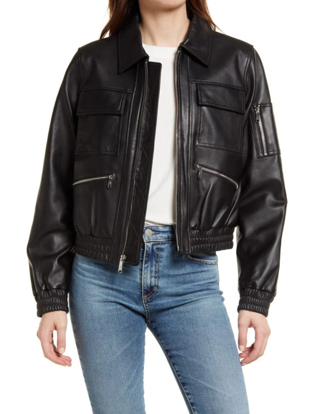 Women’s Cropped Black Utility Leather Bomber Jacket