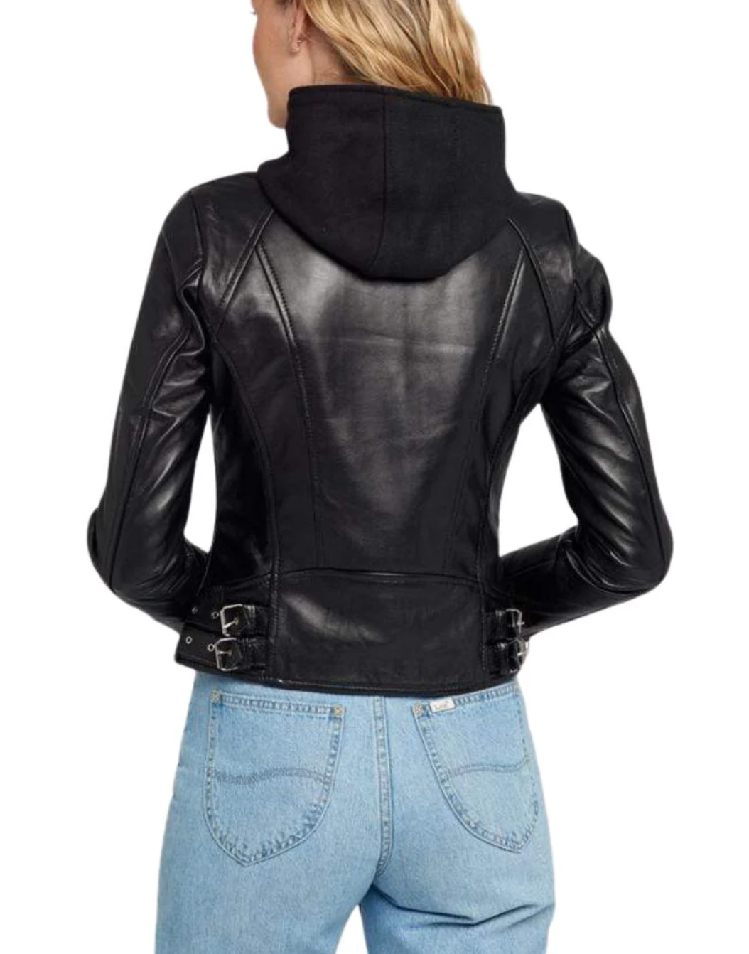 Women's Black Leather Hooded Biker Jacket with Buckle Straps
