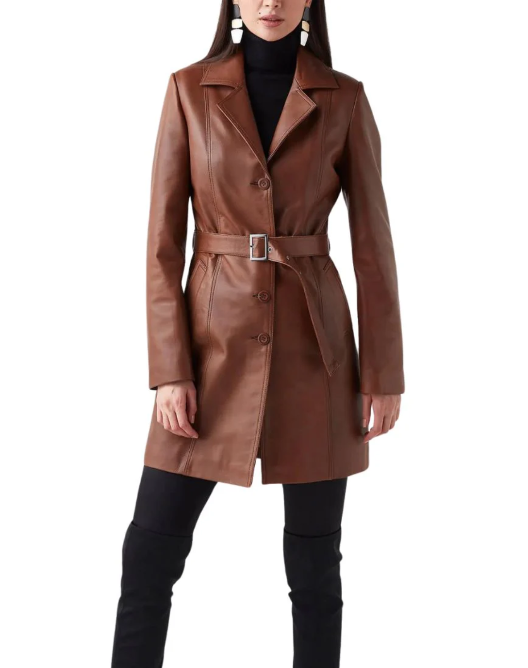 Women’s Brown Leather Trench Coat with Belt
