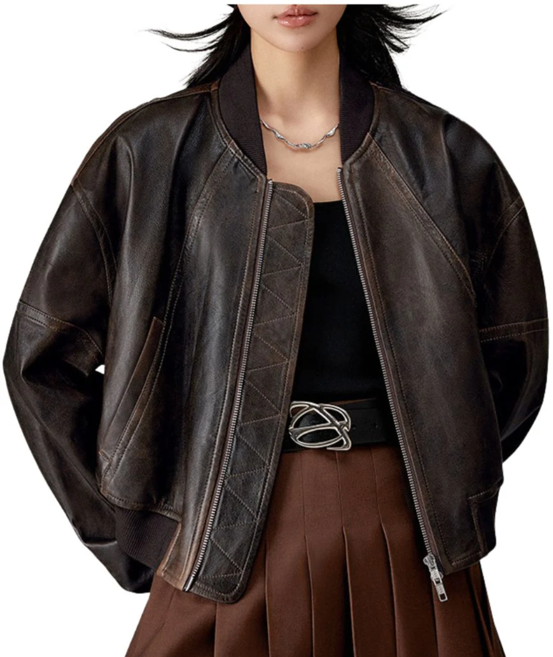 Women's Dark Brown Leather Bomber Jacket | Quilted Panel Wholesale