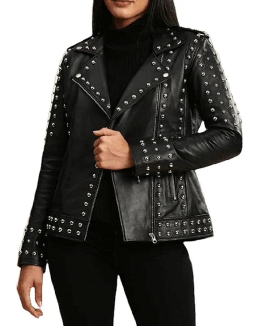 Women’s Heavy Studded Black Leather Biker Jacket
