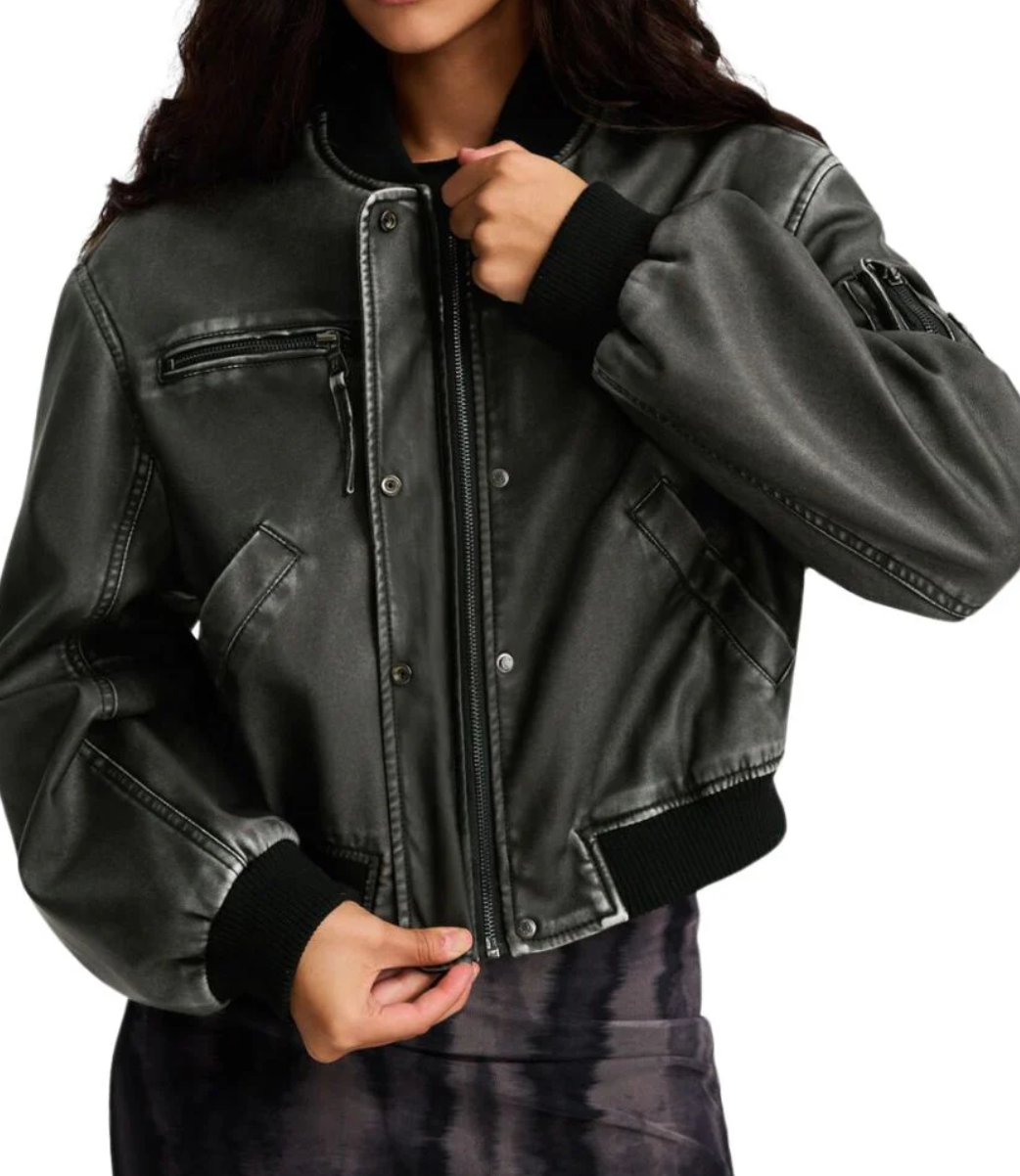 Women's Black Leather Cropped Bomber Jacket with Ribbed Trim