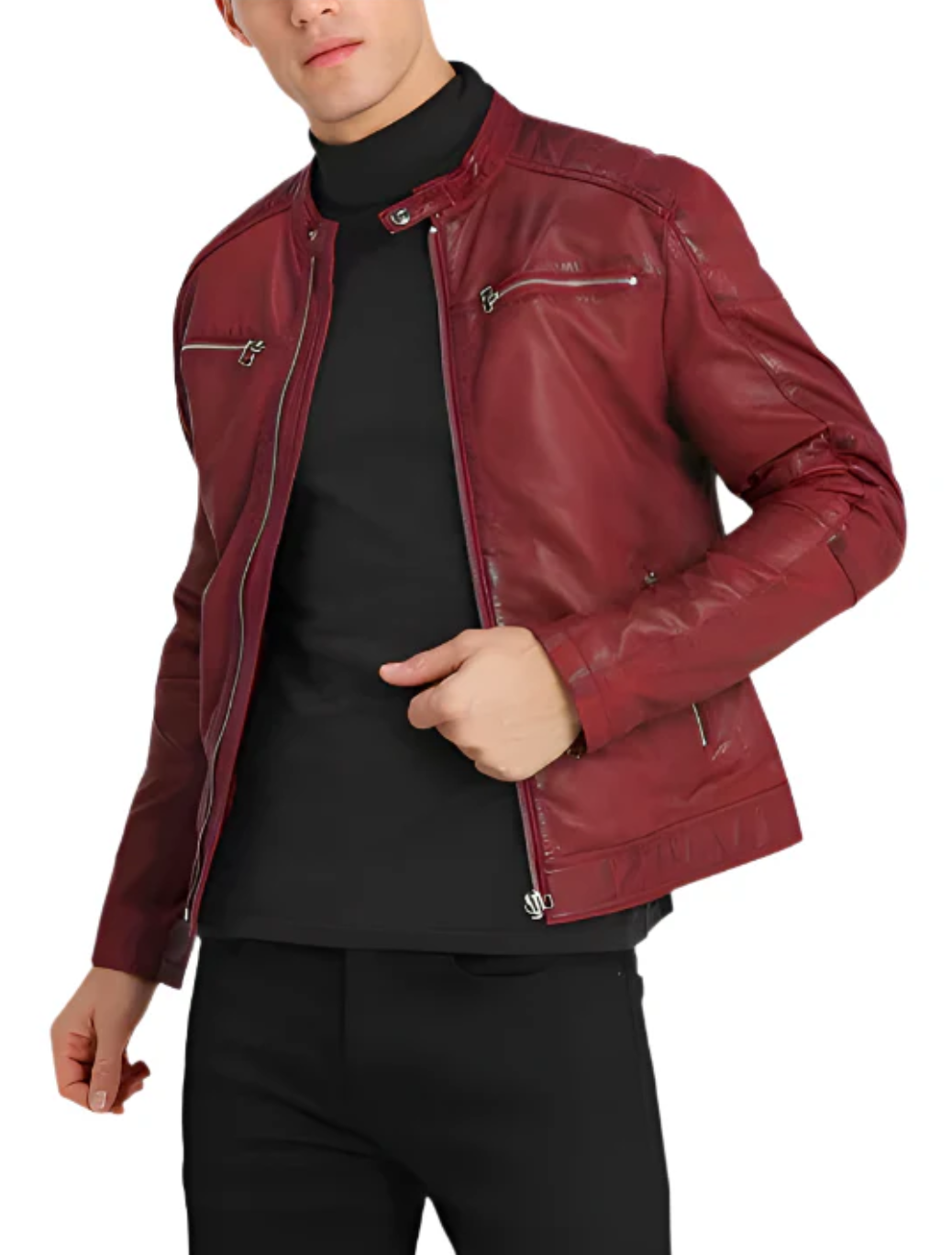 Men’s Maroon Leather Jacket with Chest and Side Zip Pockets – Custom B2B Production