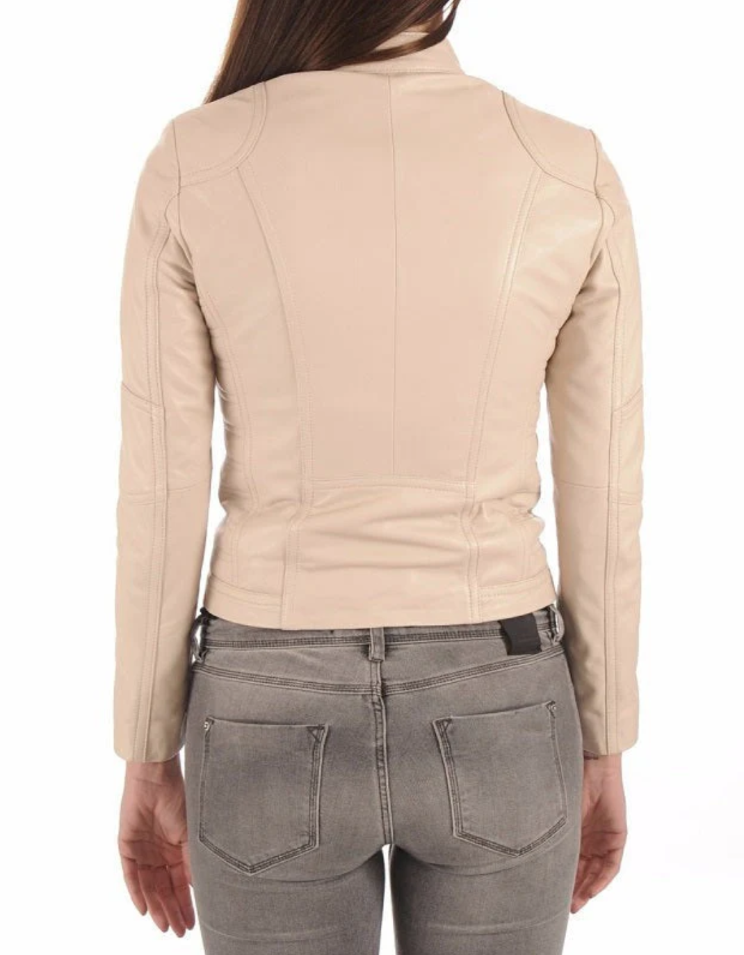 Women's Beige Leather Biker Jacket – Slim Fit with Stand Collar