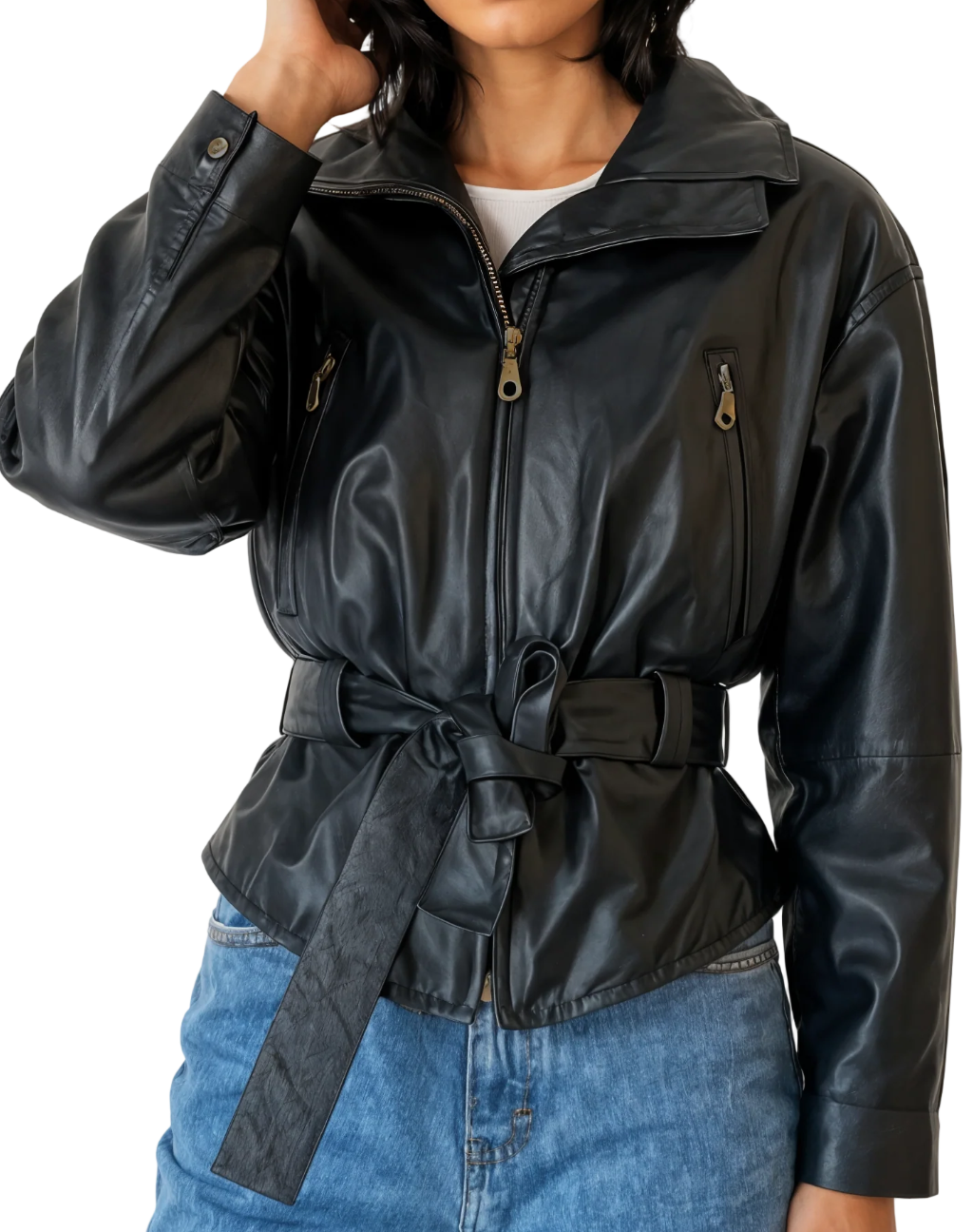 Women's Black Leather Belted Jacket | Oversized Collar Wholesale