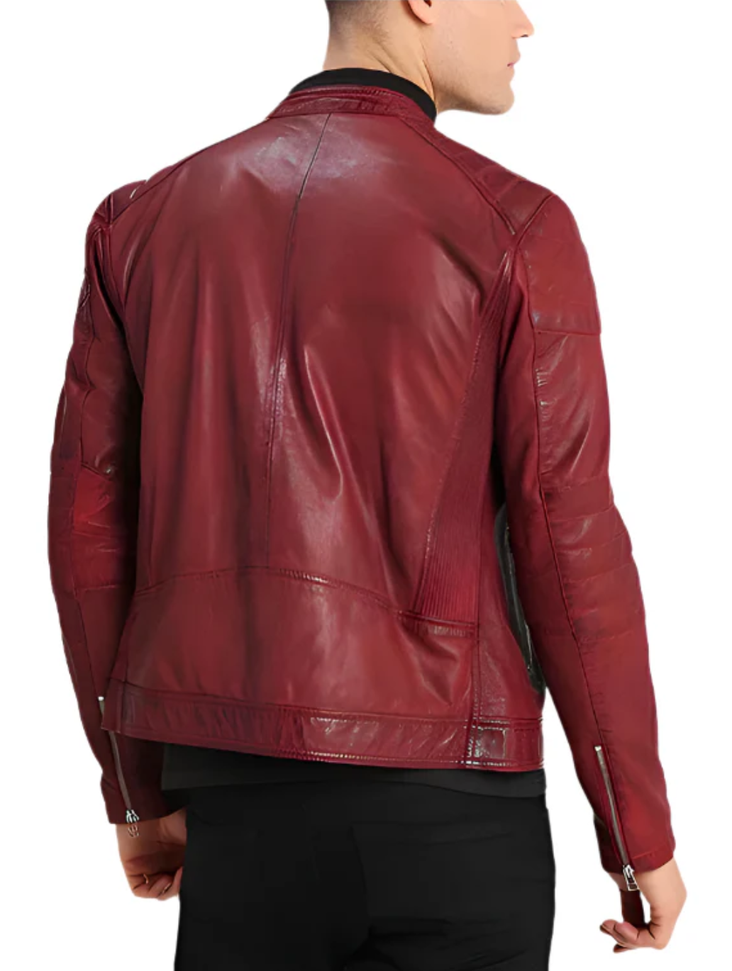 Men’s Maroon Leather Jacket with Chest and Side Zip Pockets – Custom B2B Production