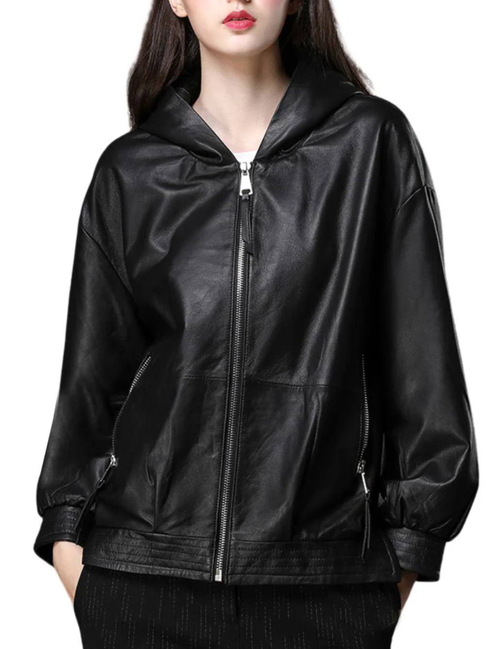 Women's Black Leather Hoodie Jacket with Integrated Hood & Functional Details
