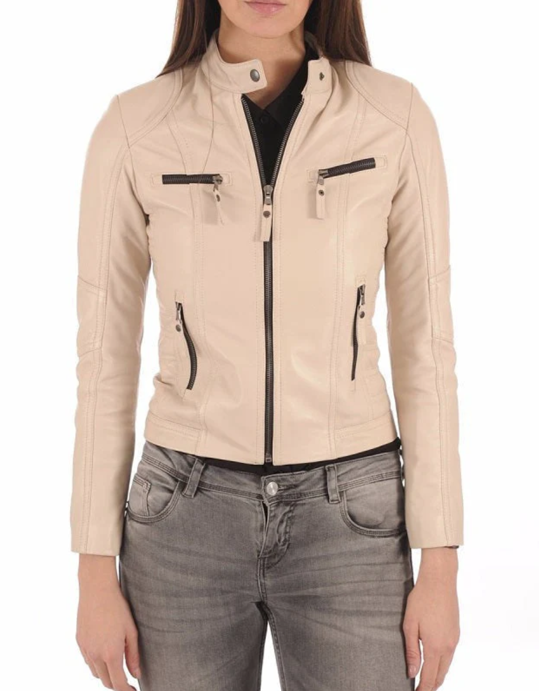 Women's Beige Leather Biker Jacket – Slim Fit with Stand Collar