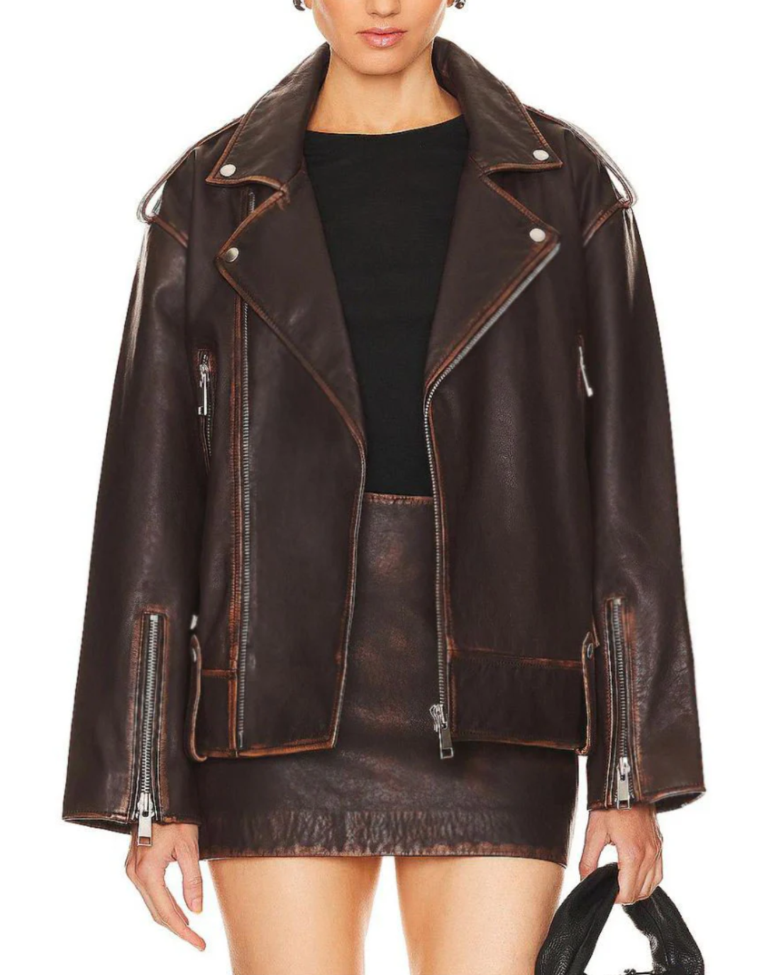 Women’s Oversized Brown Distressed Leather Biker Jacket