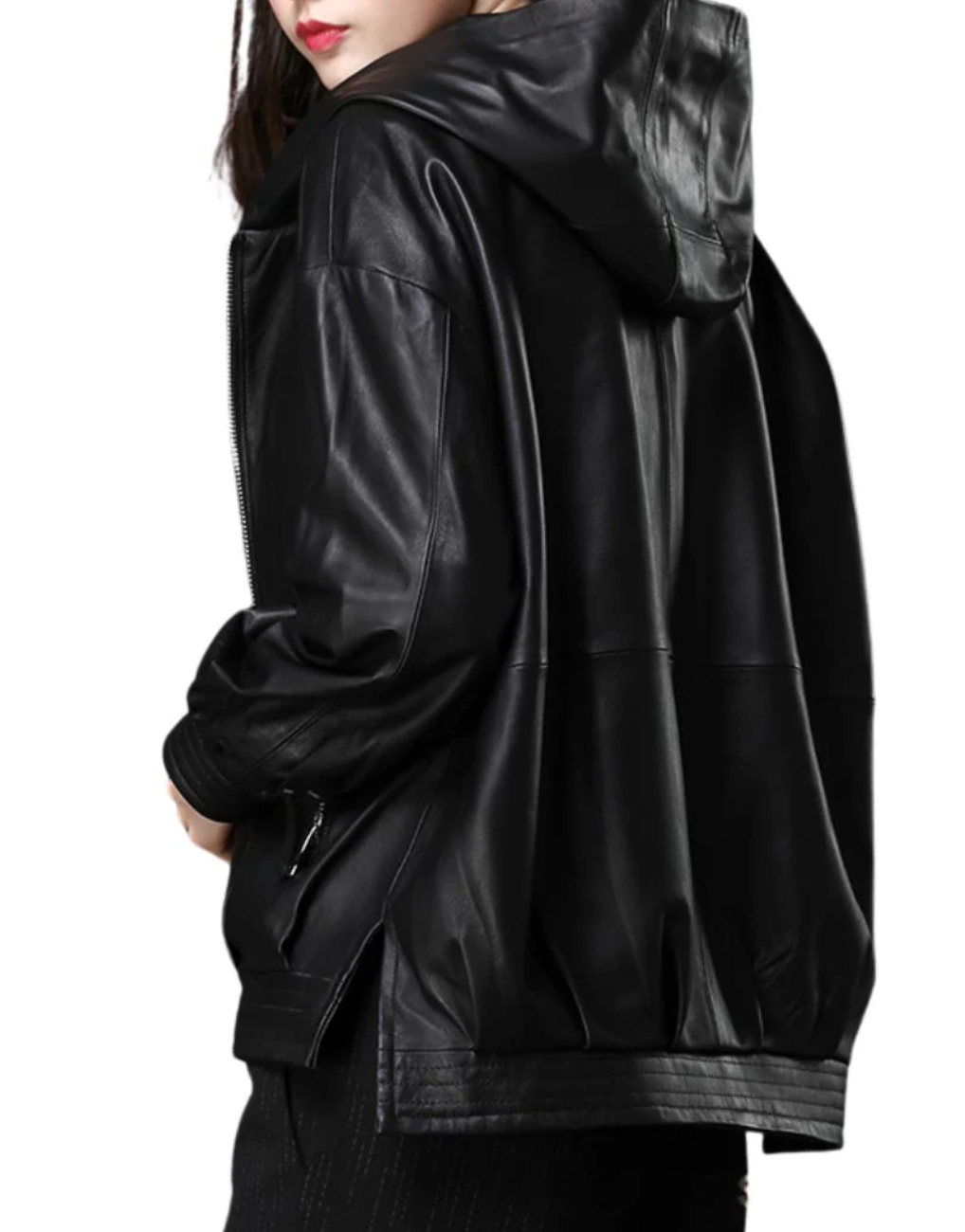 Women's Black Leather Hoodie Jacket with Integrated Hood & Functional Details