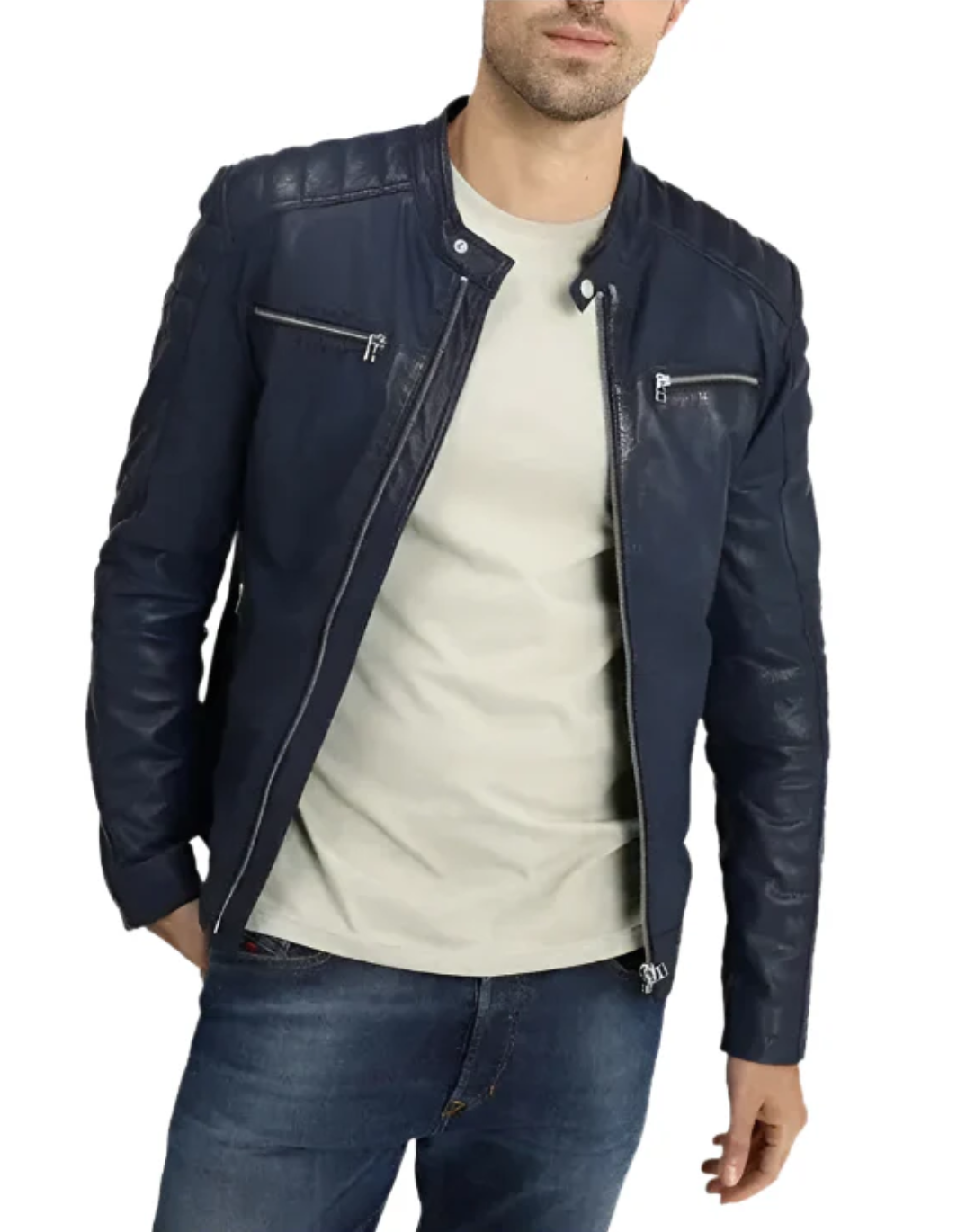 Men’s Navy Blue Leather Biker Jacket with Quilted Shoulders