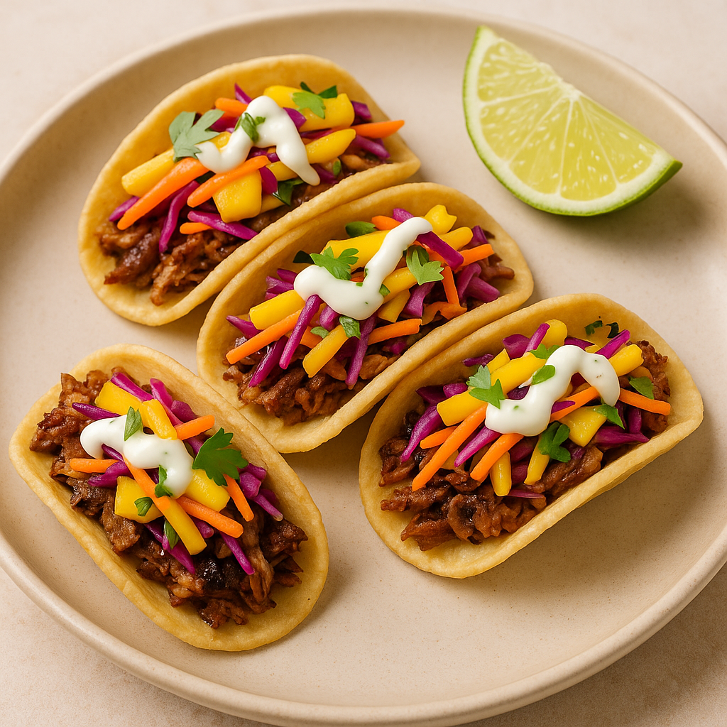 Mini Jerk Chicken Tacos with Mango Slaw & Lime Crema
