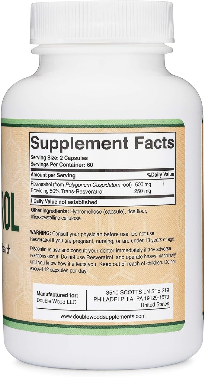 Resveratrol 1000mg per serving 120 capsules Double Wood Supplements