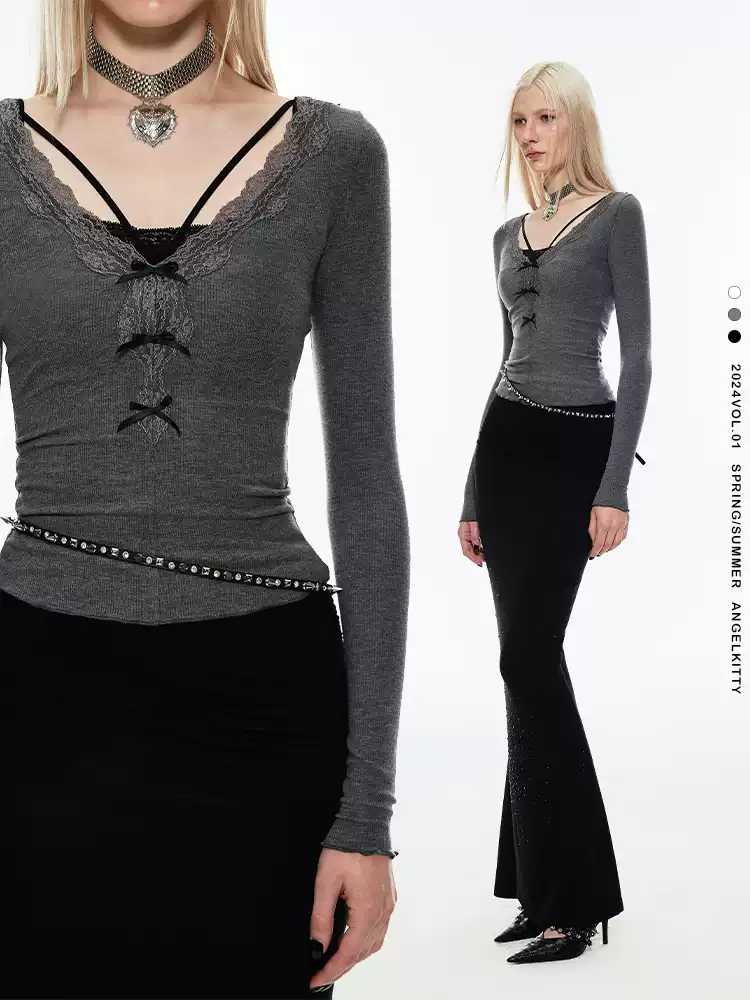 V-NECK BOW DETAIL LONG-SLEEVE TOP