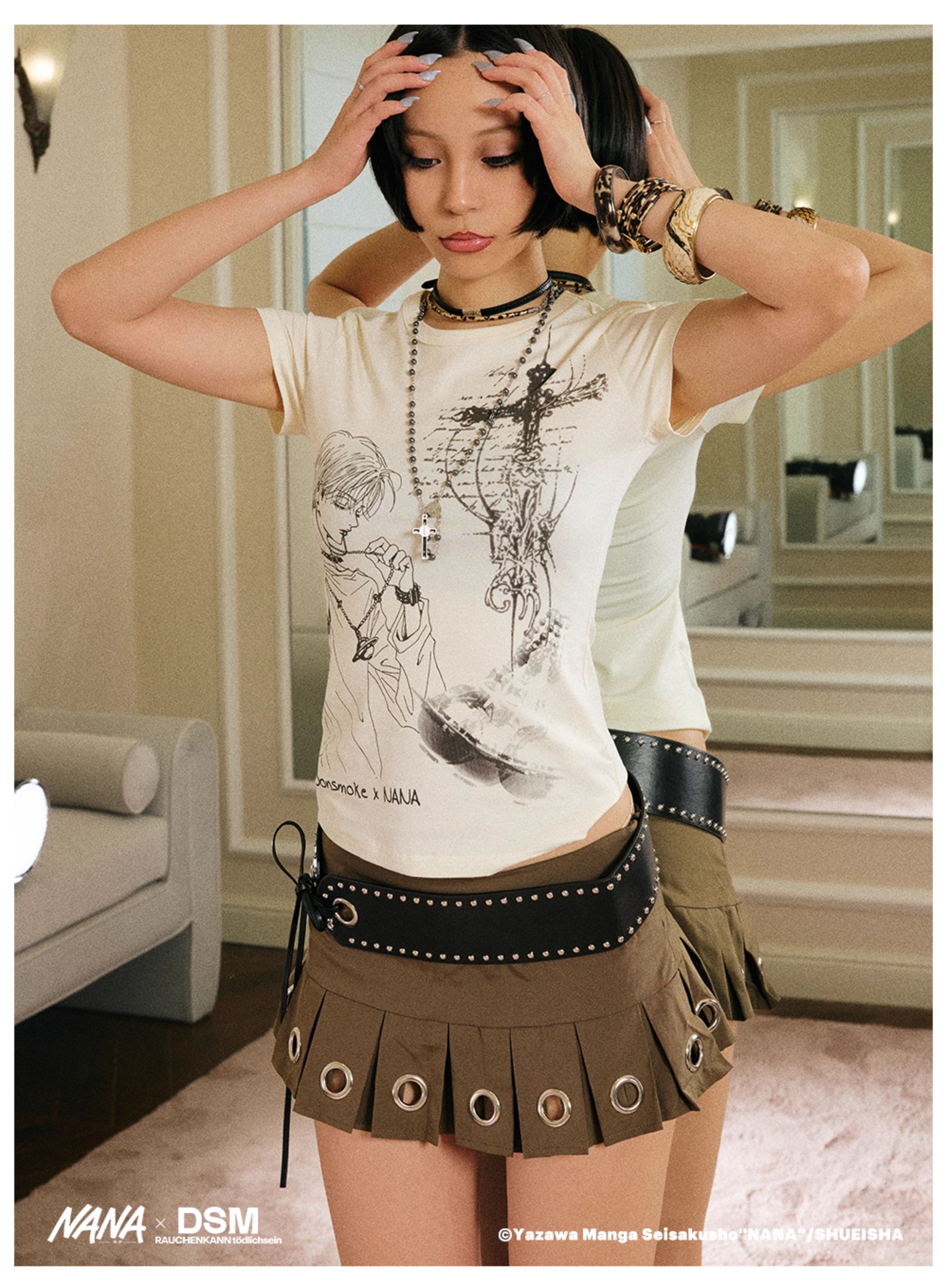 DONSMOKE genuine authorized NANA Shinichi print slim T-shirt DSM anime image cross elastic top