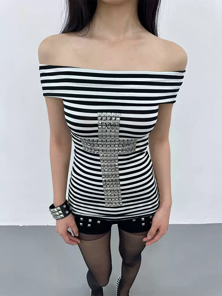 STUDDED CROSS OFF-SHOULDER TOP