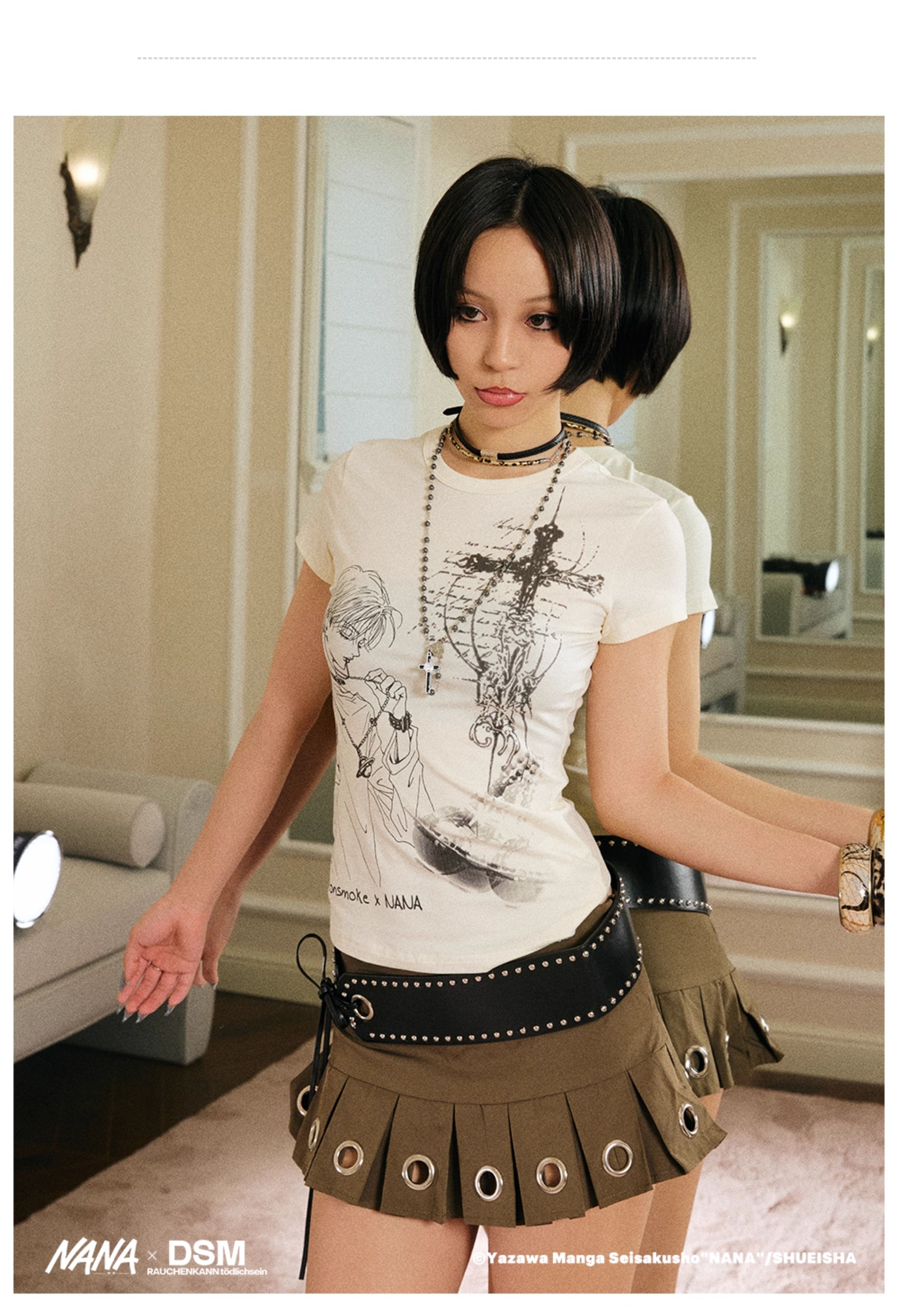 DONSMOKE genuine authorized NANA Shinichi print slim T-shirt DSM anime image cross elastic top