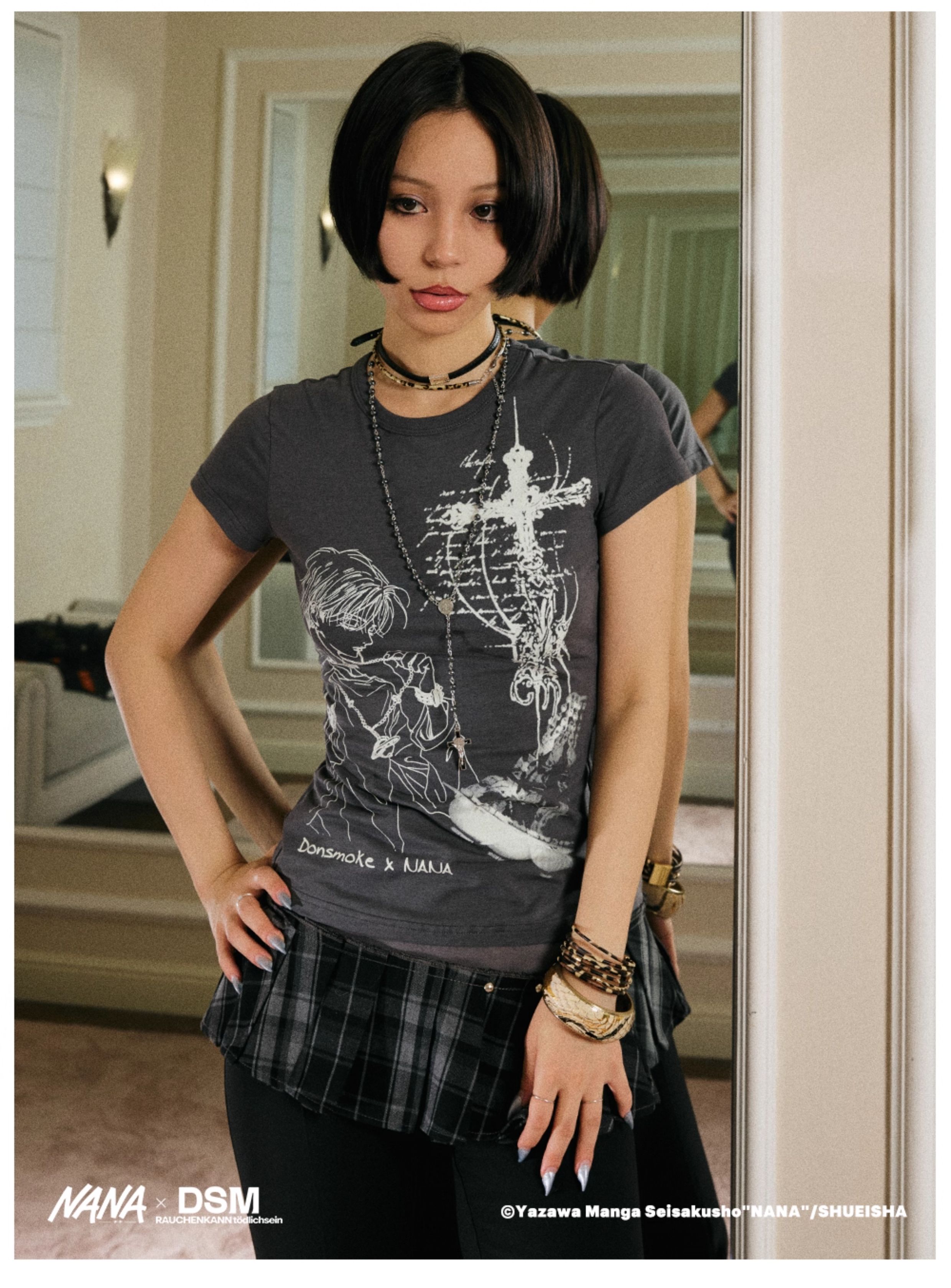 DONSMOKE genuine authorized NANA Shinichi print slim T-shirt DSM anime image cross elastic top