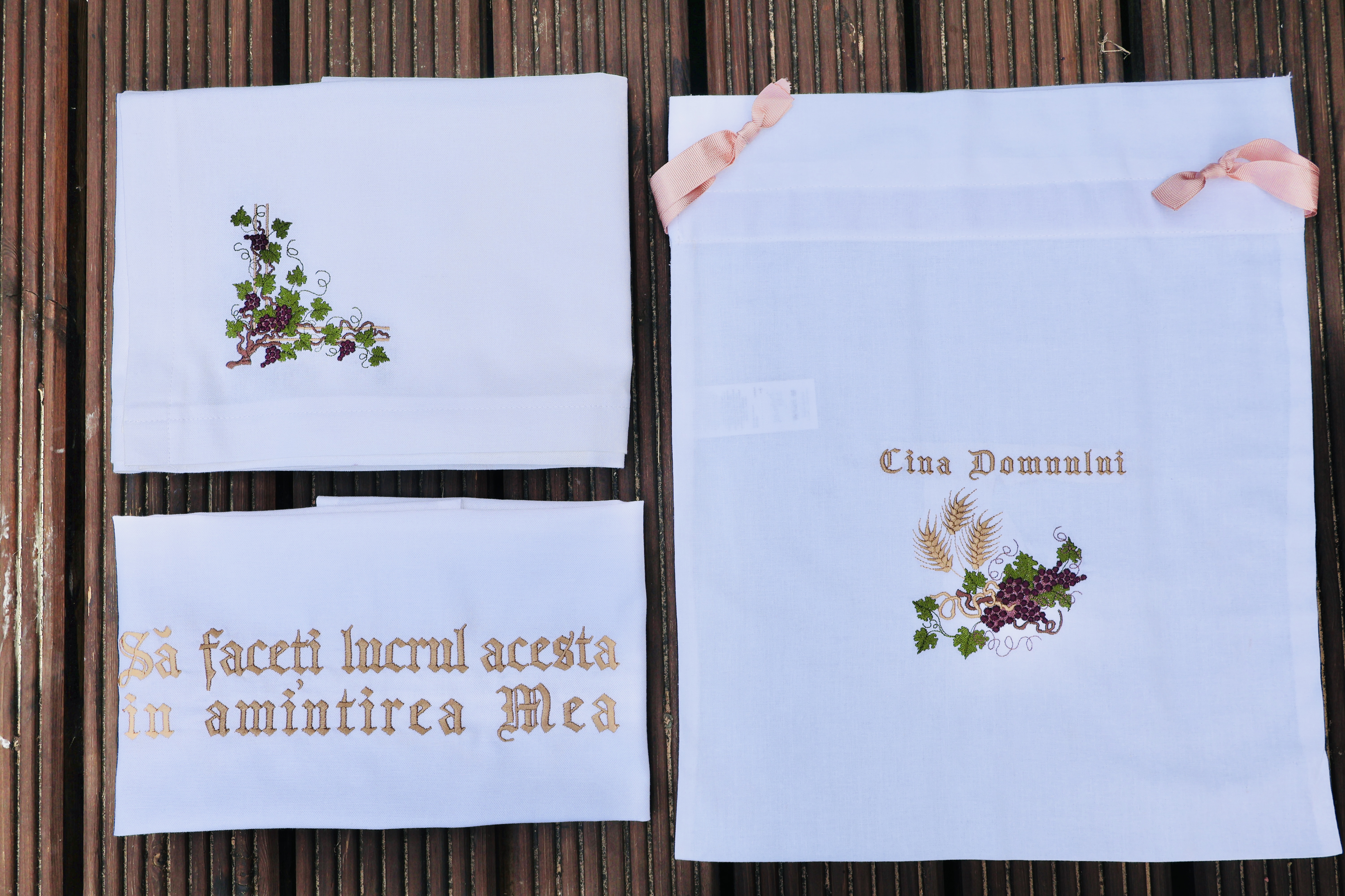 Set față de masă brodată pentru Cina Domnului, material de acoperit elementele cinei, săculeț cadou, toate bumbac 100%