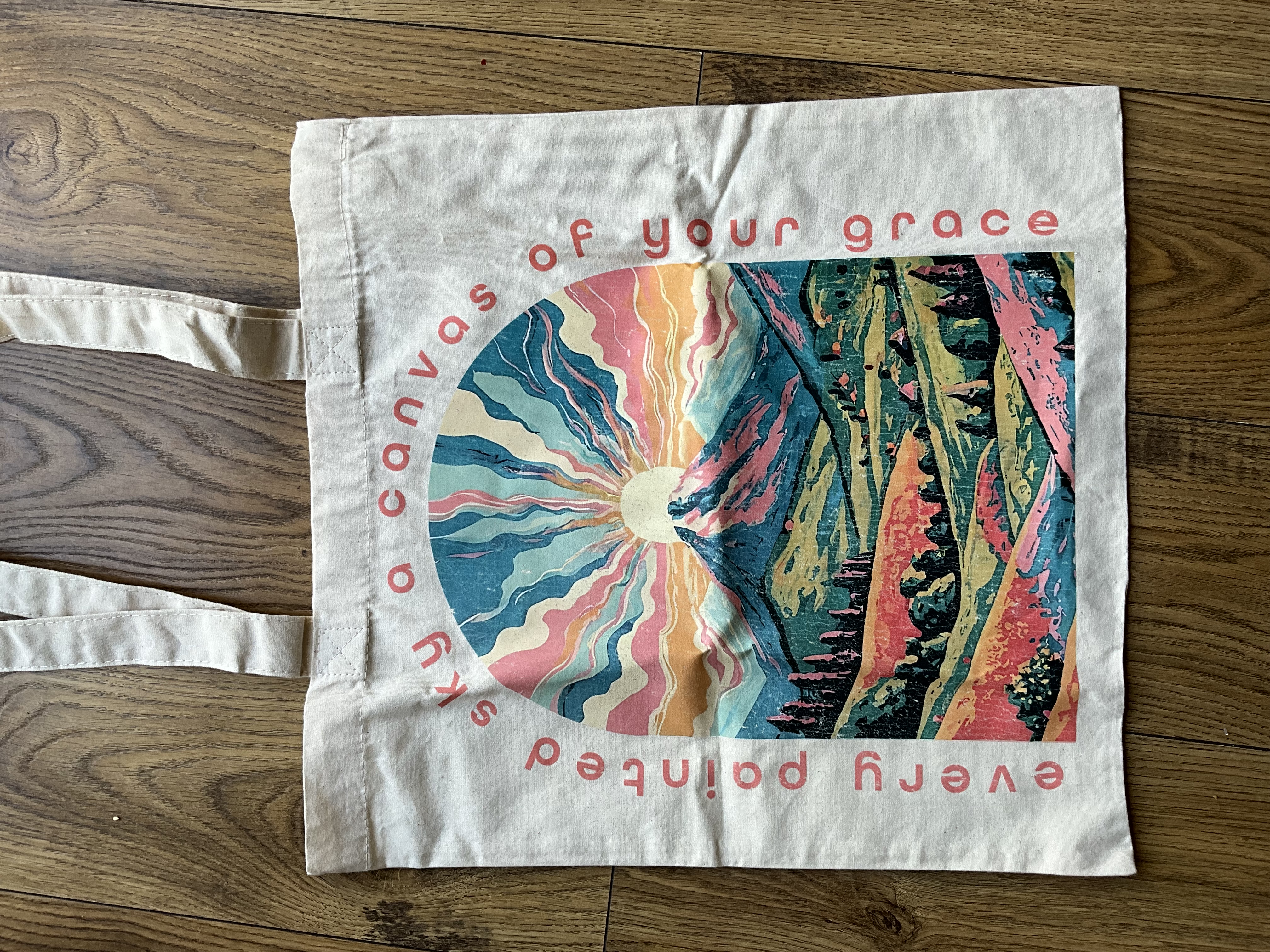 Sacoșă bumbac gros, imprimată cu mesajul: Every painted sky is a canvas of Your grace