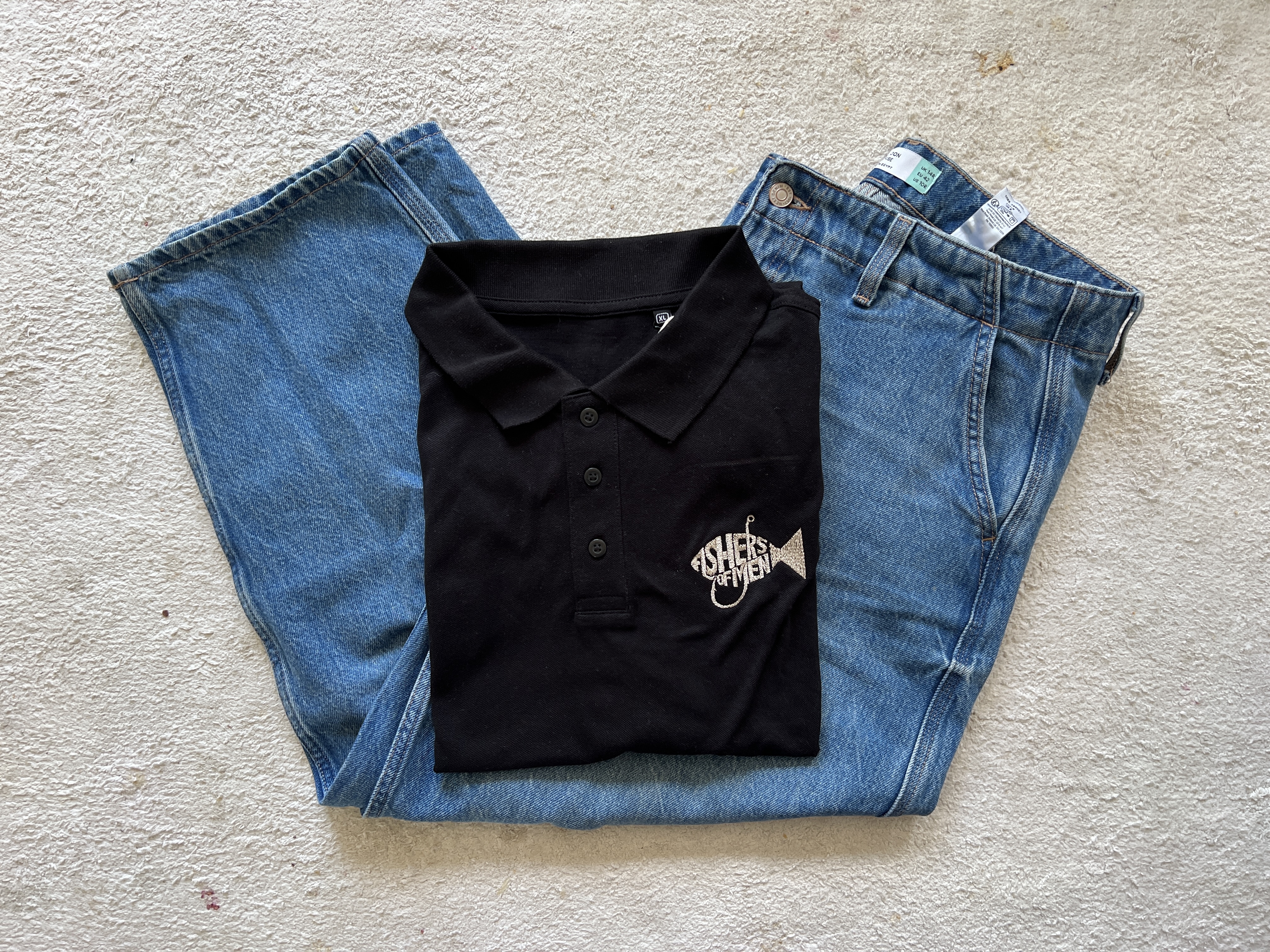 Tricou polo brodat cu mesajul: Fishers of men, mărimea XL bărbați , culoarea negru