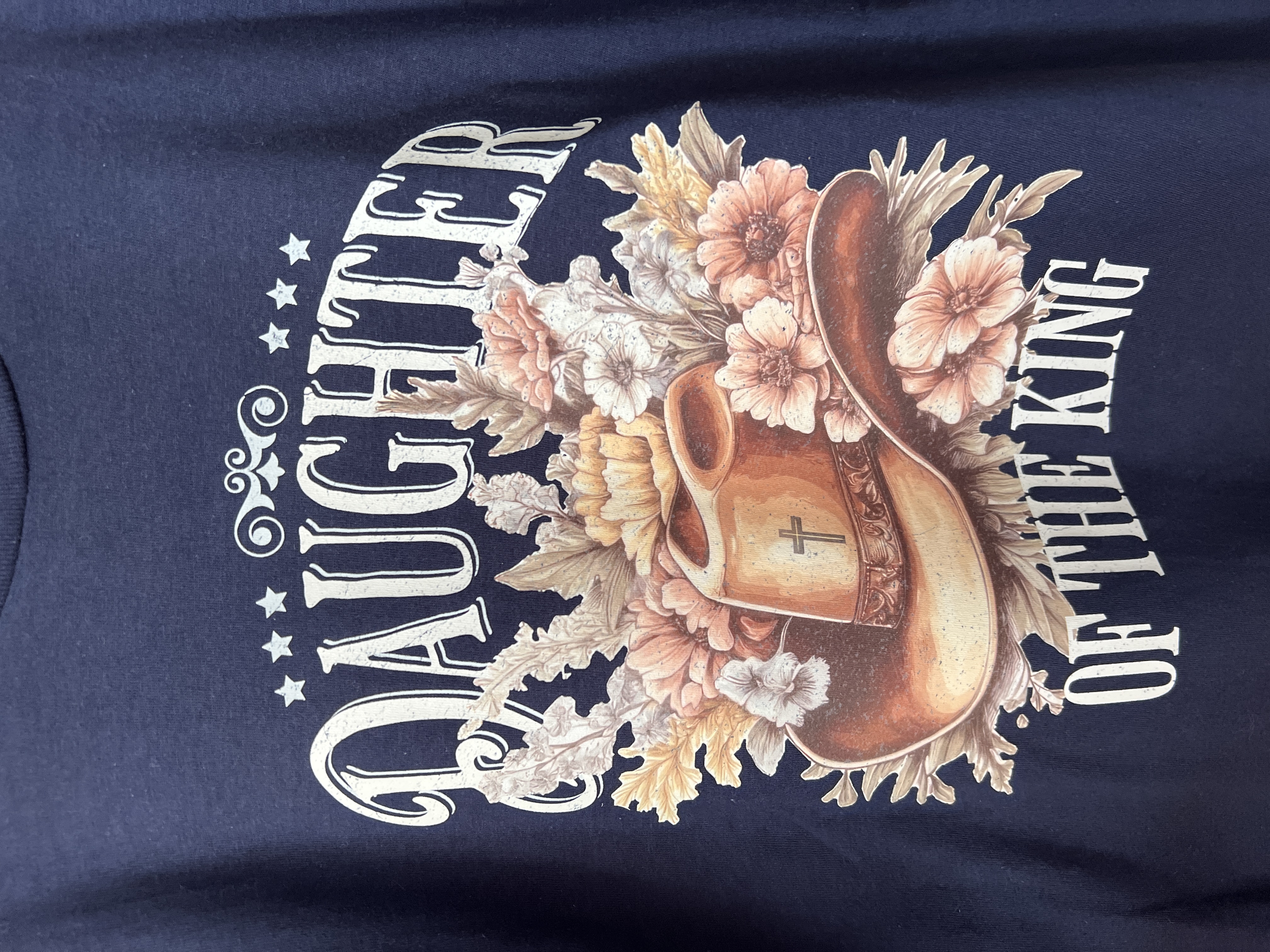 Tricou imprimat cu mesajul Daughter of the King, mărime L femei, albastru inchis