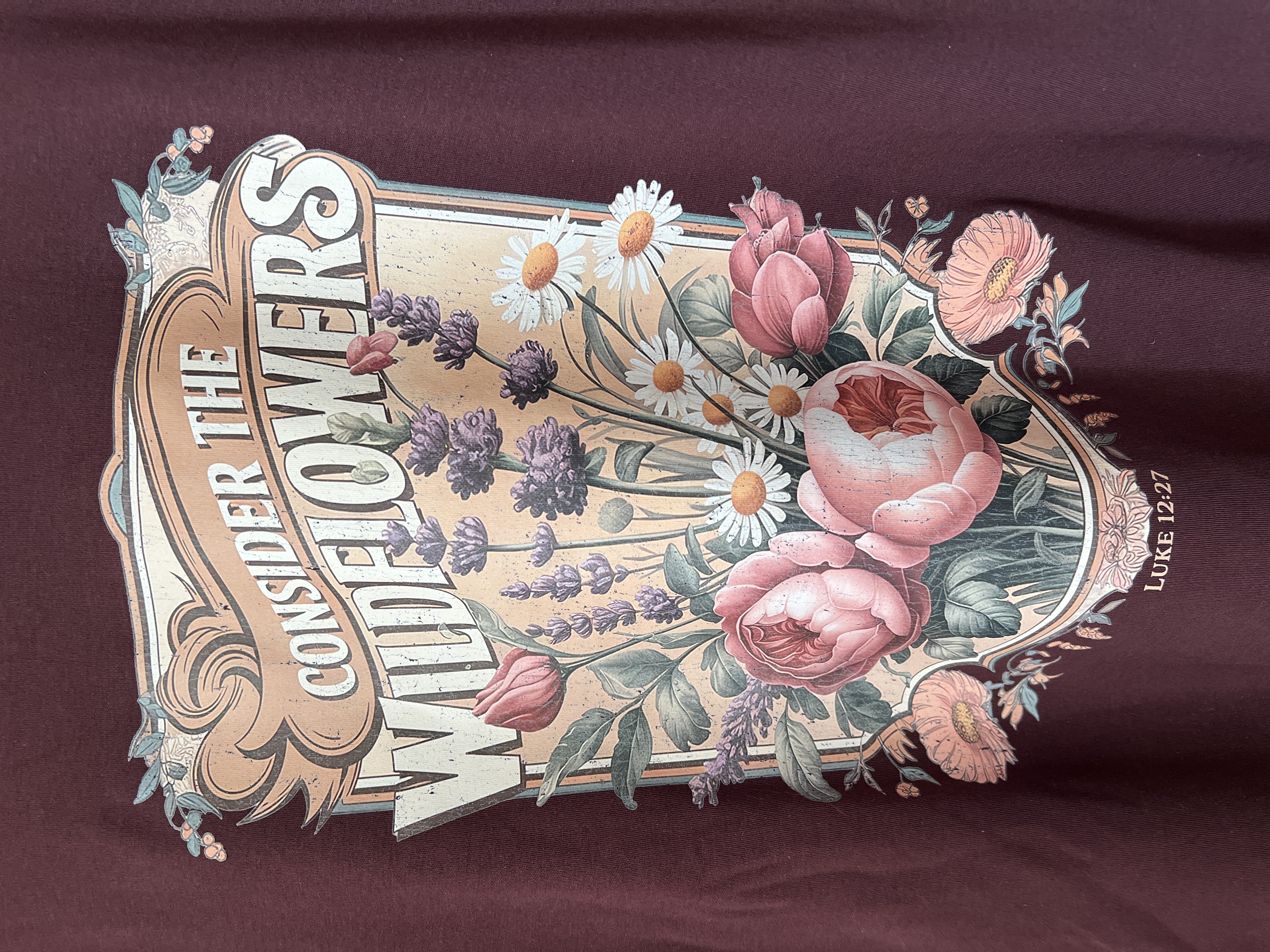 Tricou imprimat cu mesajul Consider the wildflowers, mărimea L, culoare vișiniu wine