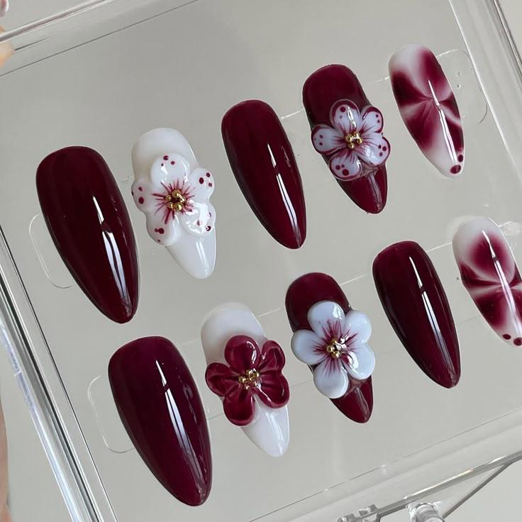 Burgundy and Floral Press-On Nails
