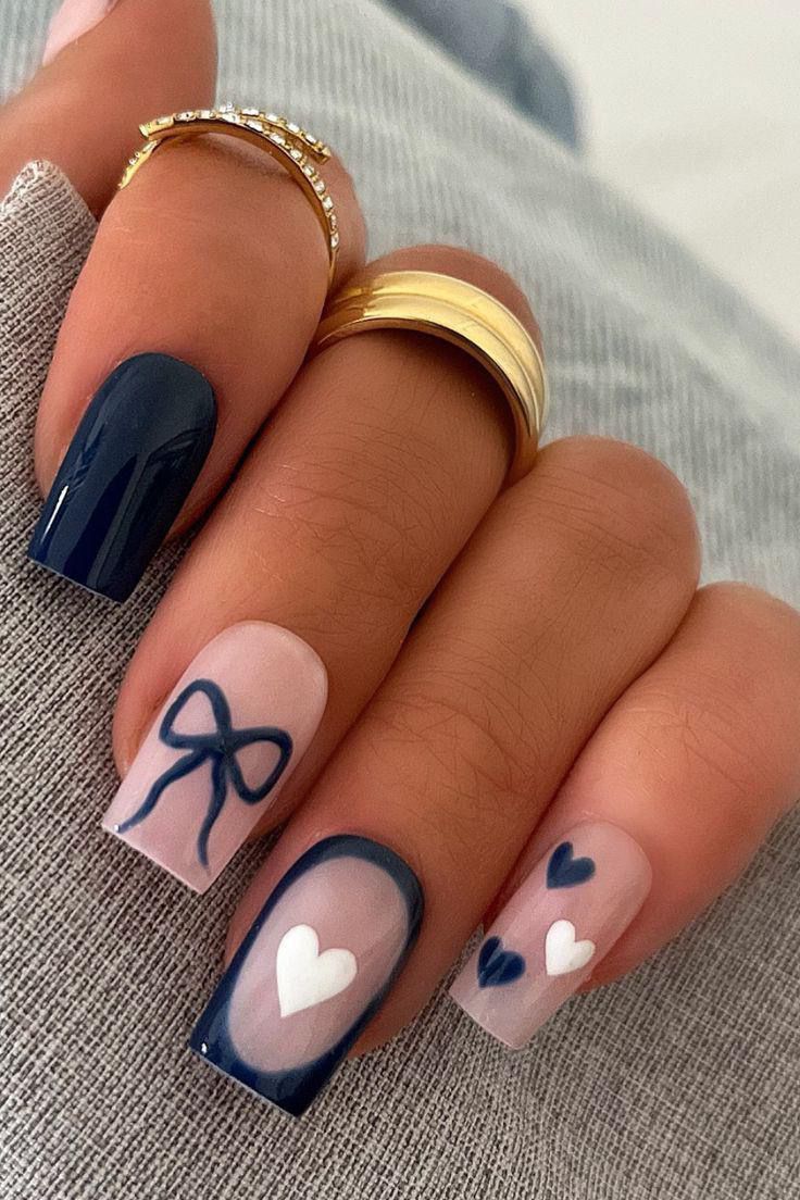 Navy Blue Heart Nail Art