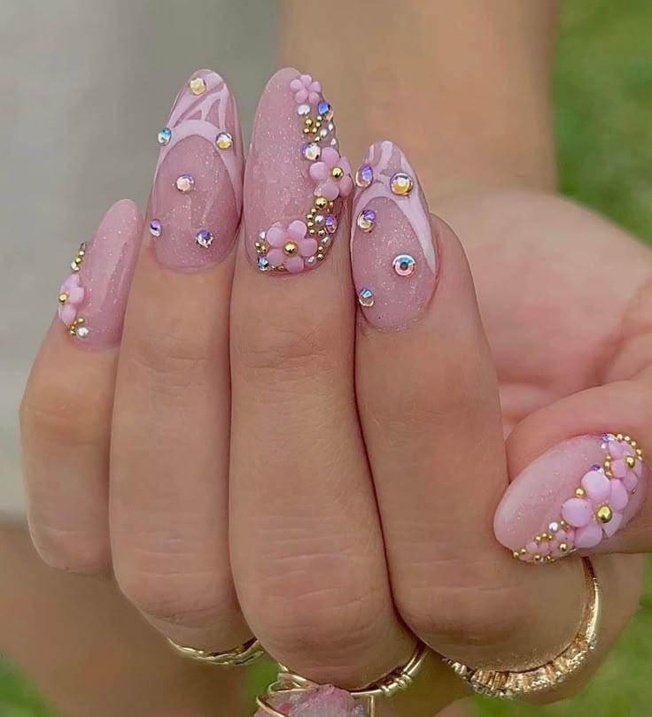 3D Floral Embellished Pink Nail Art
