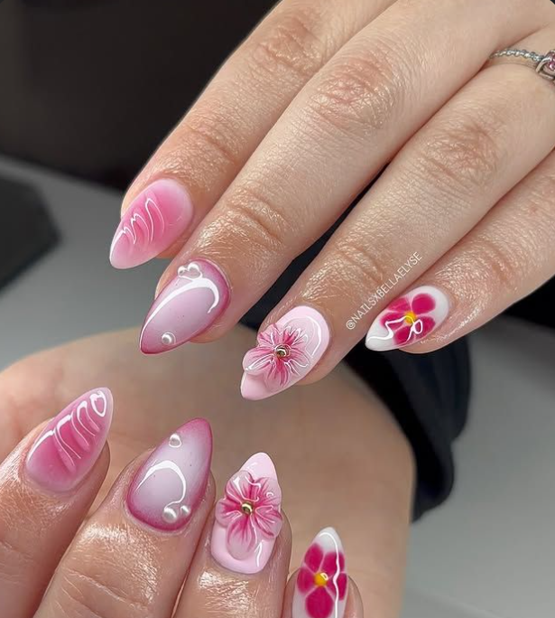 Pink floral nail art