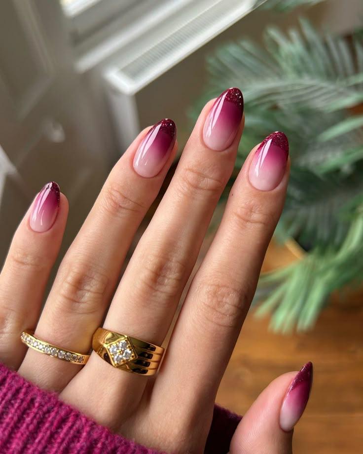 Ombre Burgundy Almond-Shaped Nails